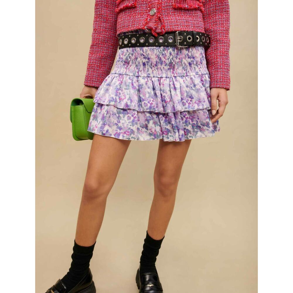 Maje Juvard Abstract Boho Smocked Floral Tiered Miniskirt Purple NWT FR36 US S